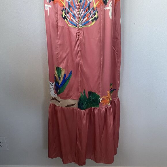 Pink Satin Button Up Maxi Ruffle Sleeve Tiered Dress M Tropical Animal Print Art - Picture 4 of 16
